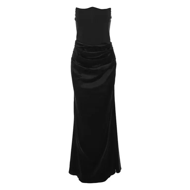 2024 Strapless Off-Shoulder Bodycon Fashion Pleated Satin Patchwork Elegant Dress
