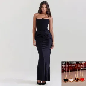 2024 Strapless Off-Shoulder Bodycon Fashion Pleated Satin Patchwork Elegant Dress