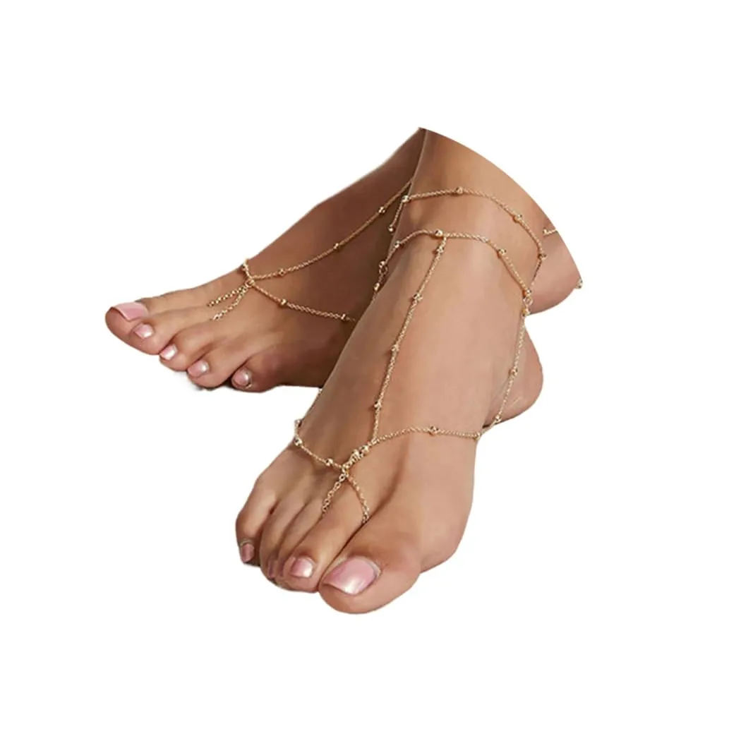 2PCS Boho Beaded Foot Chain Layered Barefoot Sandals Summer Beach Ankle Chain for Women(Gold)