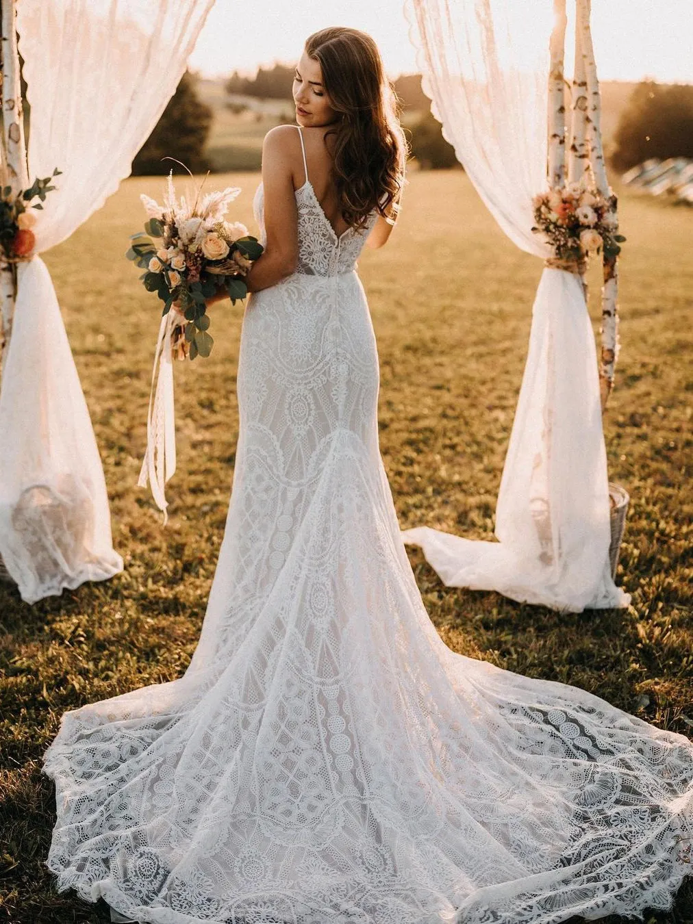 Beautiful Slit V-Neck Lace Spaghetti Straps  Sheath Wedding Dress WD523
