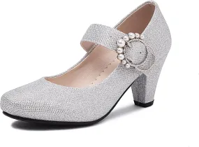 Elerhythm Women's Mary Jane Bow Closed Toe Vintage Pumps Heels Gatsby Victorian 1920s Dresses Faux Suede Shoes