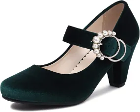 Elerhythm Women's Mary Jane Bow Closed Toe Vintage Pumps Heels Gatsby Victorian 1920s Dresses Faux Suede Shoes