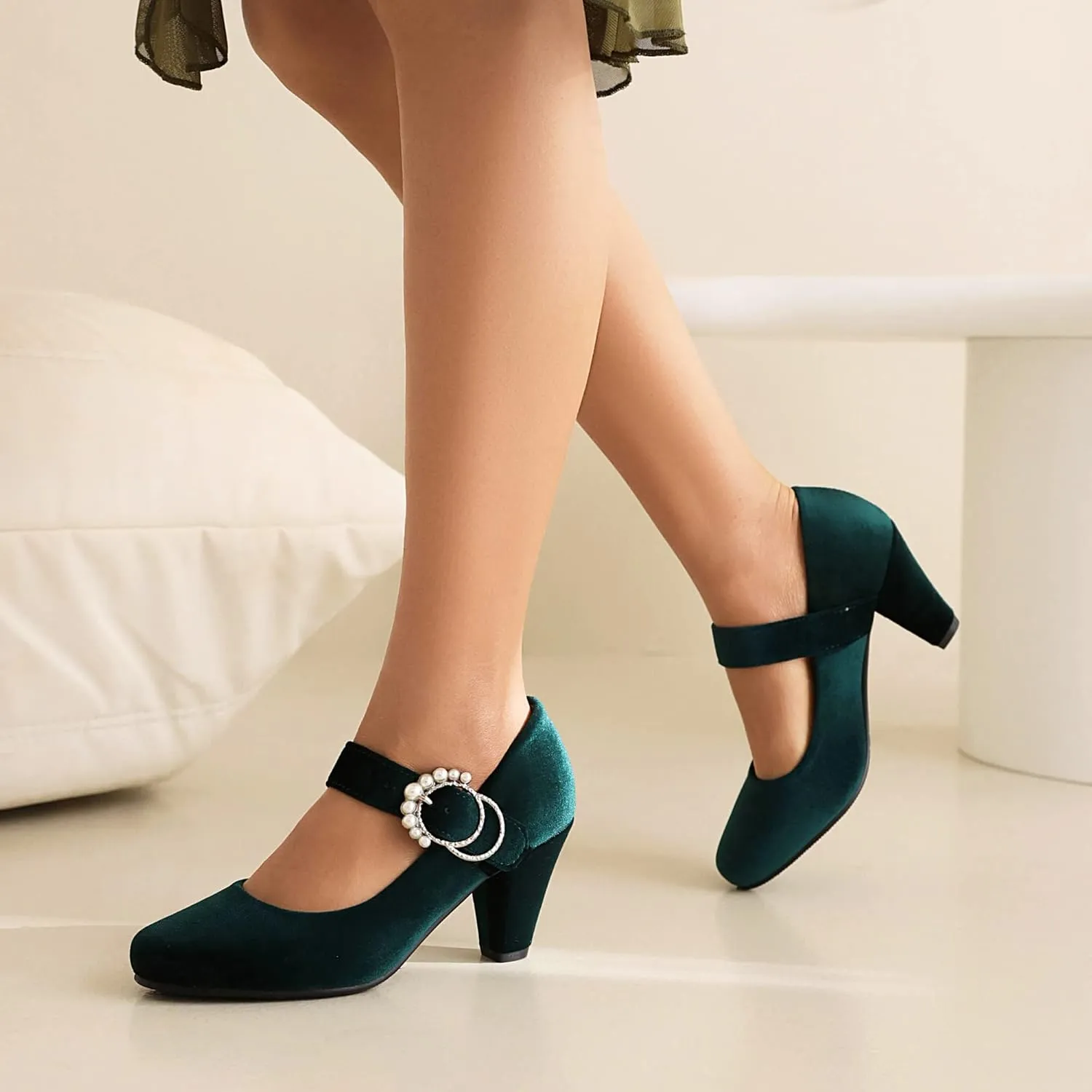 Elerhythm Women's Mary Jane Bow Closed Toe Vintage Pumps Heels Gatsby Victorian 1920s Dresses Faux Suede Shoes