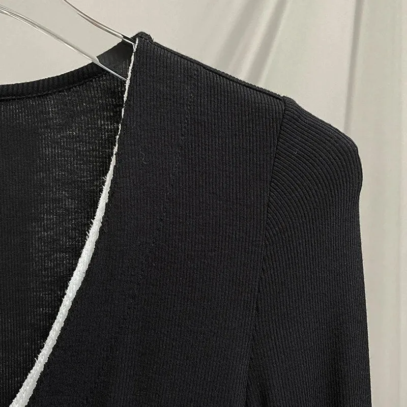 Hit Color Fake Two Sweater For Women V Neck Long Sleeve Patchwork Knitted Cardigans Female Autumn Fashion