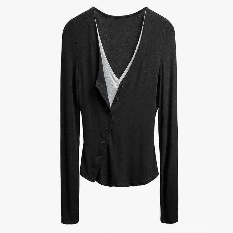 Hit Color Fake Two Sweater For Women V Neck Long Sleeve Patchwork Knitted Cardigans Female Autumn Fashion