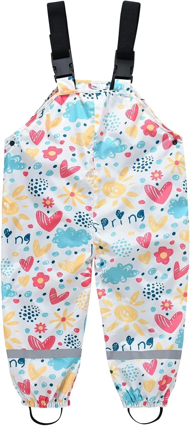 Kids Boys Girls Rain Bib Pants Windproof Mudproof Adjustable Shoulder Straps Reflective Strips Raincoats