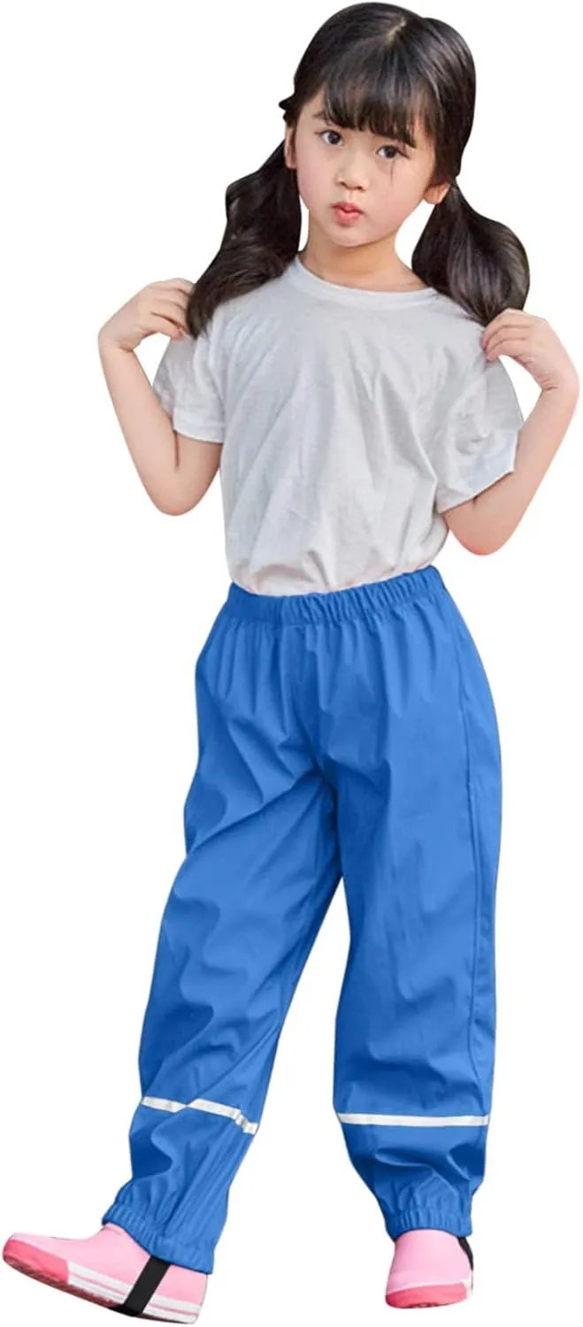 Kids Boys Girls Rain Pants Elastic Waist Mudproof Lightweight Adjustable Shoulder Straps Reflective Strips
