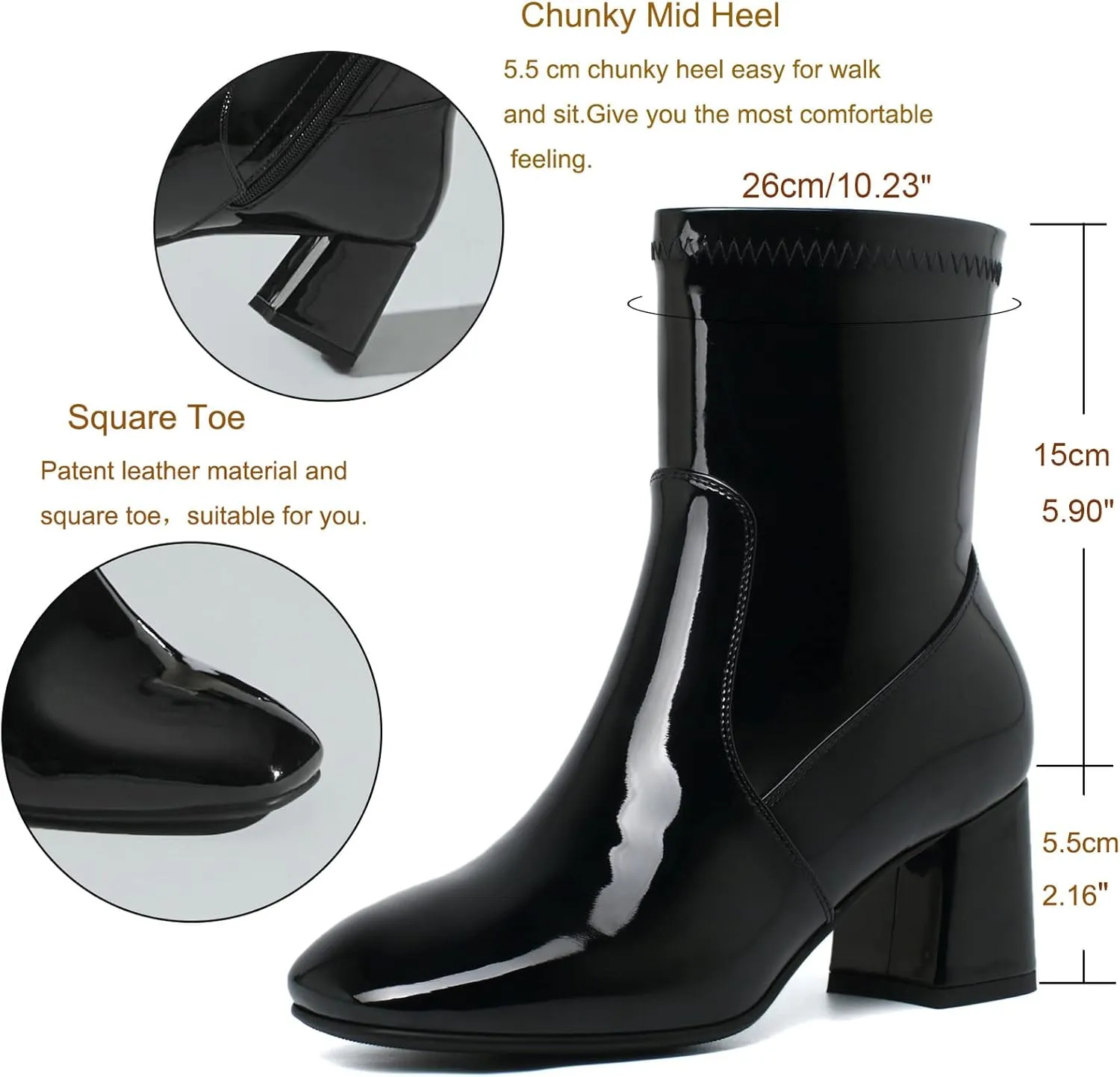 KysBloes Women Patent Leather GOGO Boots Square Toe Chunky Heel Ankle Boots Side Zip Block Heel Winter Booties