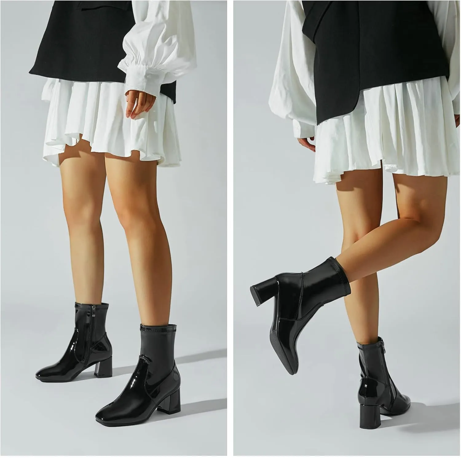 KysBloes Women Patent Leather GOGO Boots Square Toe Chunky Heel Ankle Boots Side Zip Block Heel Winter Booties