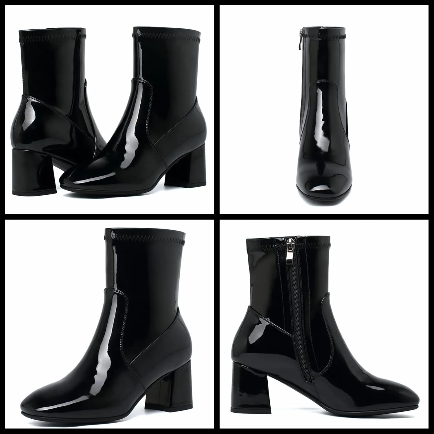 KysBloes Women Patent Leather GOGO Boots Square Toe Chunky Heel Ankle Boots Side Zip Block Heel Winter Booties