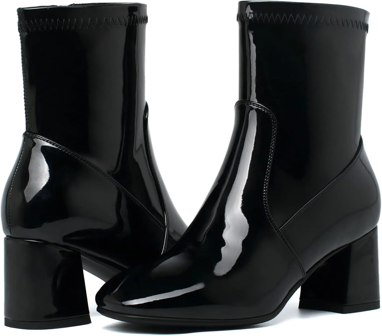 KysBloes Women Patent Leather GOGO Boots Square Toe Chunky Heel Ankle Boots Side Zip Block Heel Winter Booties