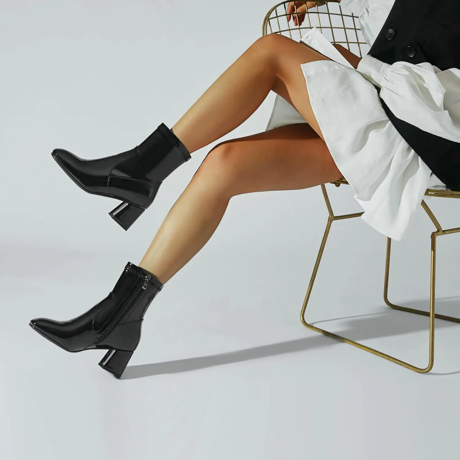 KysBloes Women Patent Leather GOGO Boots Square Toe Chunky Heel Ankle Boots Side Zip Block Heel Winter Booties