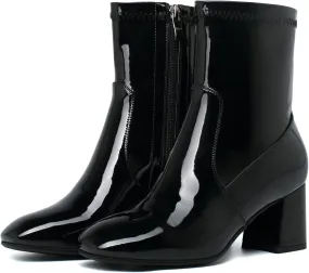 KysBloes Women Patent Leather GOGO Boots Square Toe Chunky Heel Ankle Boots Side Zip Block Heel Winter Booties