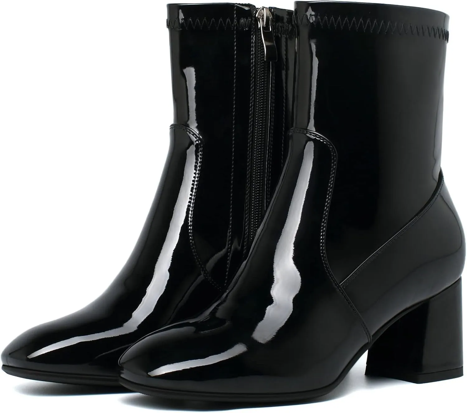 KysBloes Women Patent Leather GOGO Boots Square Toe Chunky Heel Ankle Boots Side Zip Block Heel Winter Booties