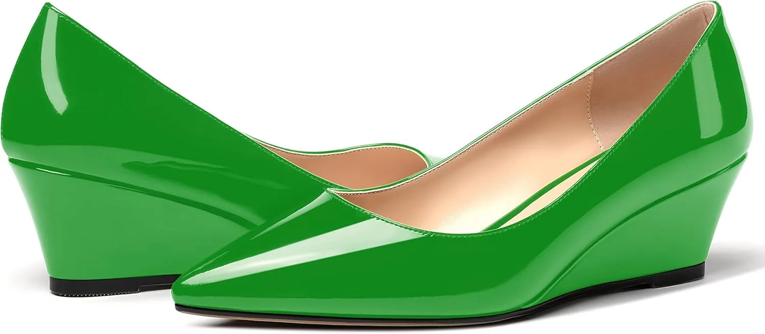 MERRORI Women's Slip On Patent Solid Square Toe Wedge Low Heel Pumps Shoes 2 Inch