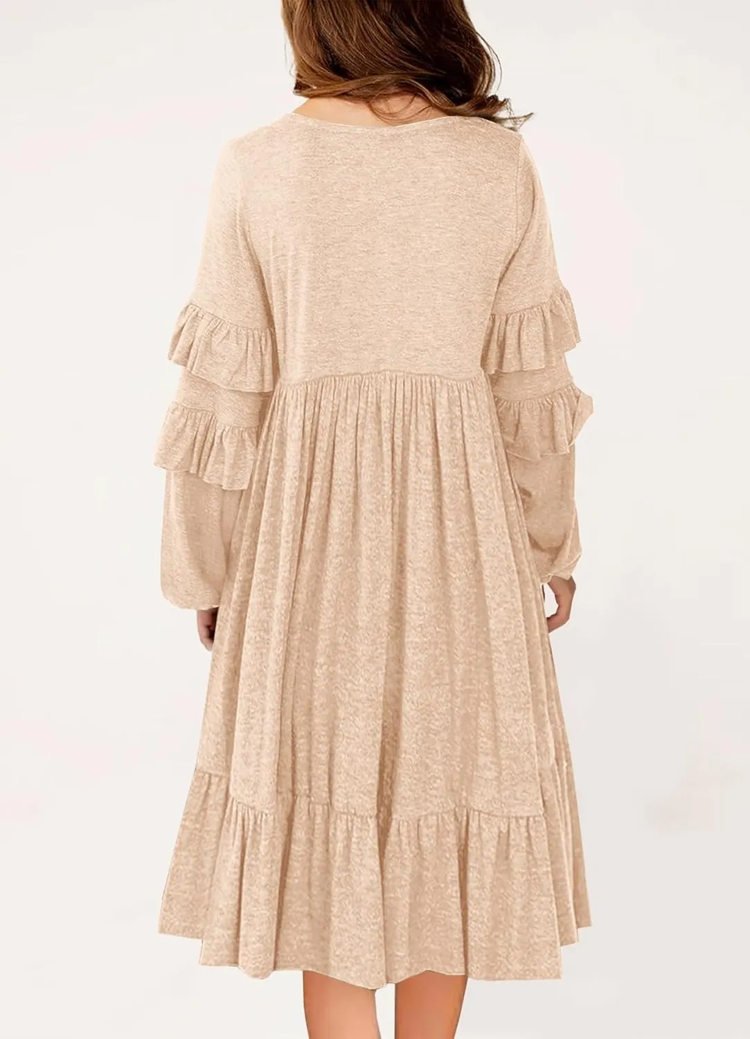 MITILLY Girls Boho Long Sleeve Dress Crewneck Ruffle Swing Casual Loose Flowy Tiered Midi Fall Winter Dress with Pockets