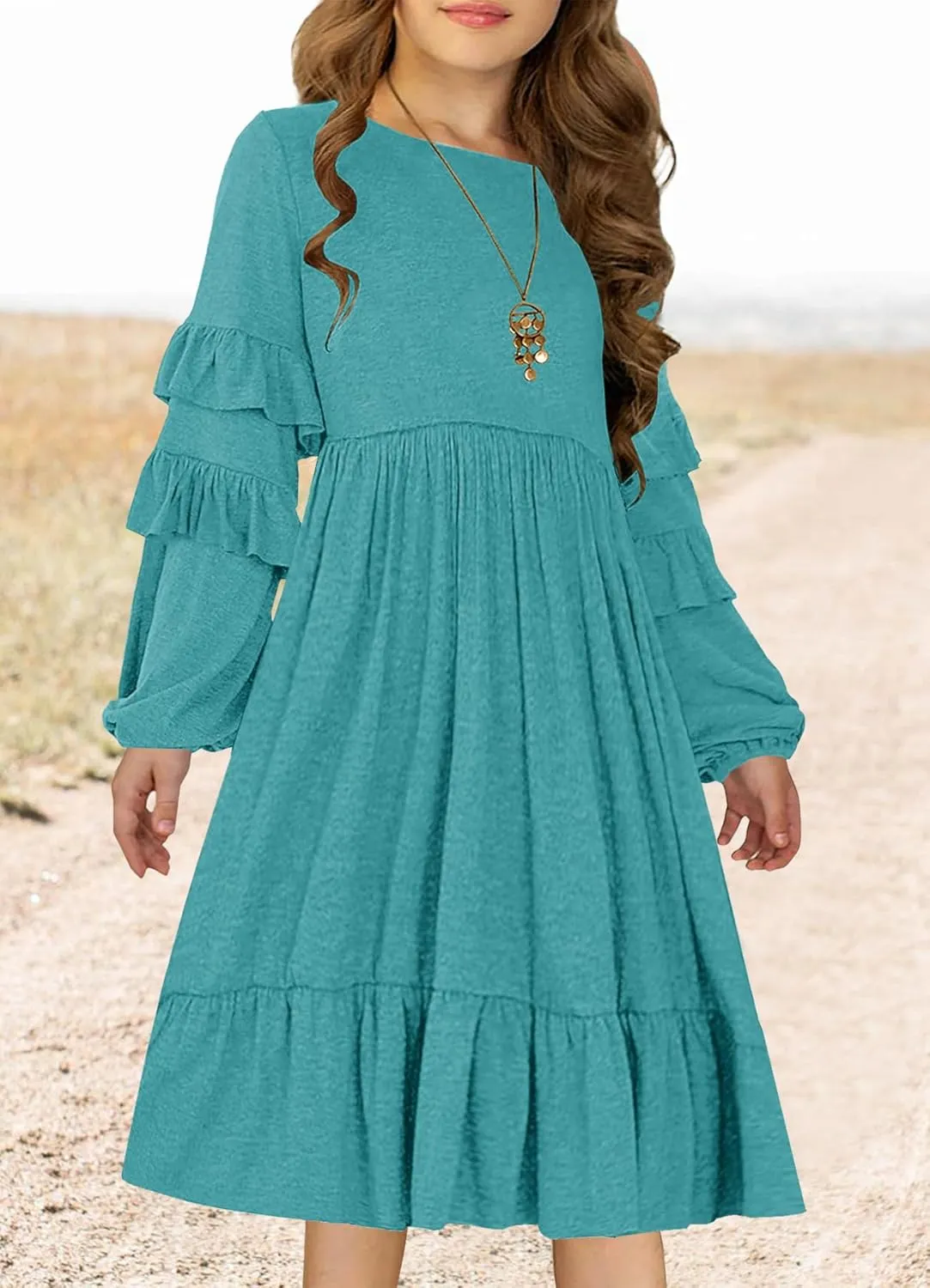 MITILLY Girls Boho Long Sleeve Dress Crewneck Ruffle Swing Casual Loose Flowy Tiered Midi Fall Winter Dress with Pockets