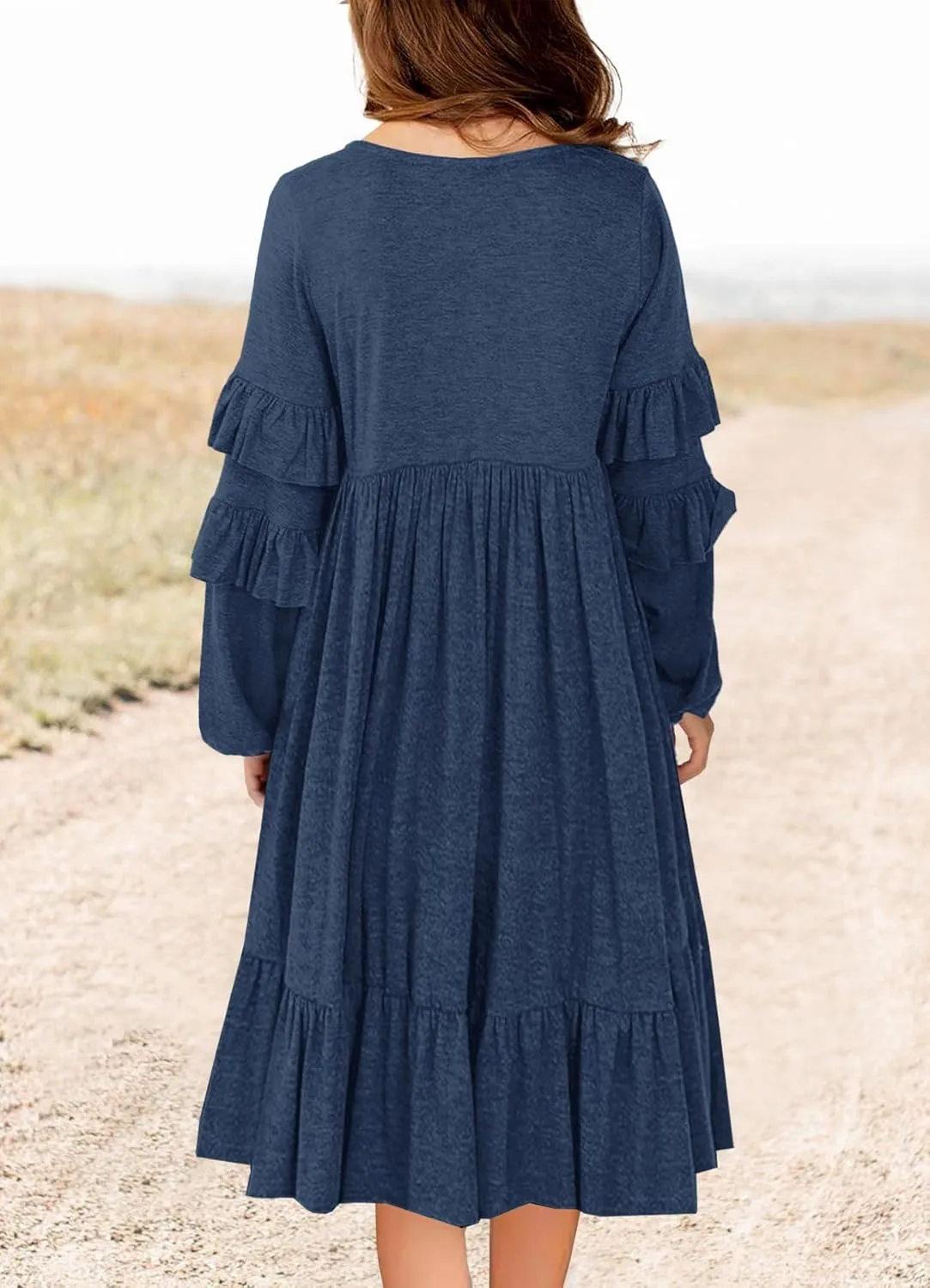 MITILLY Girls Boho Long Sleeve Dress Crewneck Ruffle Swing Casual Loose Flowy Tiered Midi Fall Winter Dress with Pockets