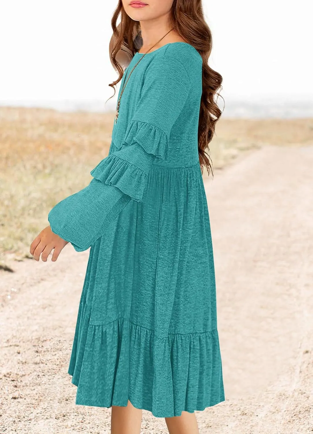 MITILLY Girls Boho Long Sleeve Dress Crewneck Ruffle Swing Casual Loose Flowy Tiered Midi Fall Winter Dress with Pockets