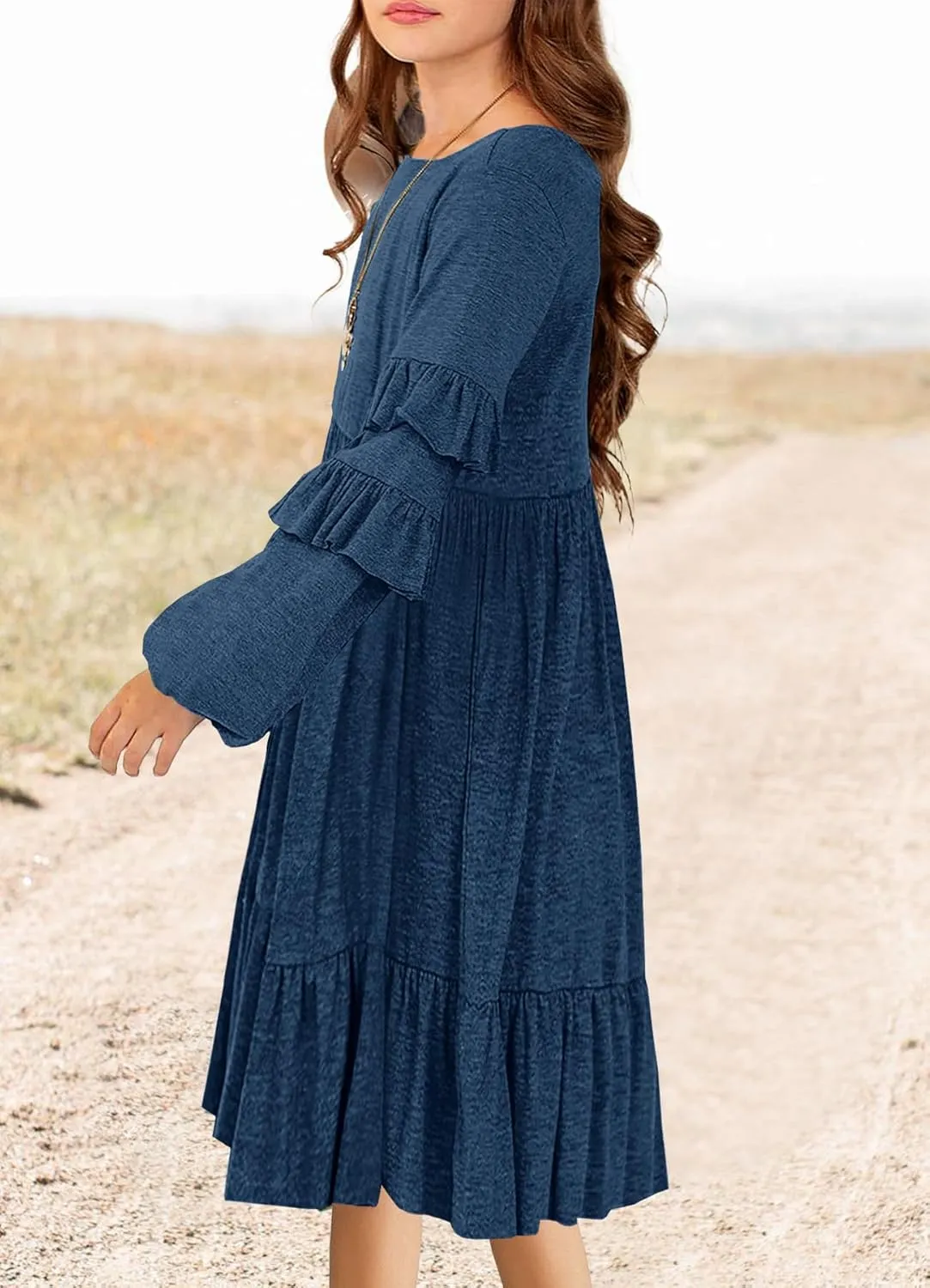 MITILLY Girls Boho Long Sleeve Dress Crewneck Ruffle Swing Casual Loose Flowy Tiered Midi Fall Winter Dress with Pockets