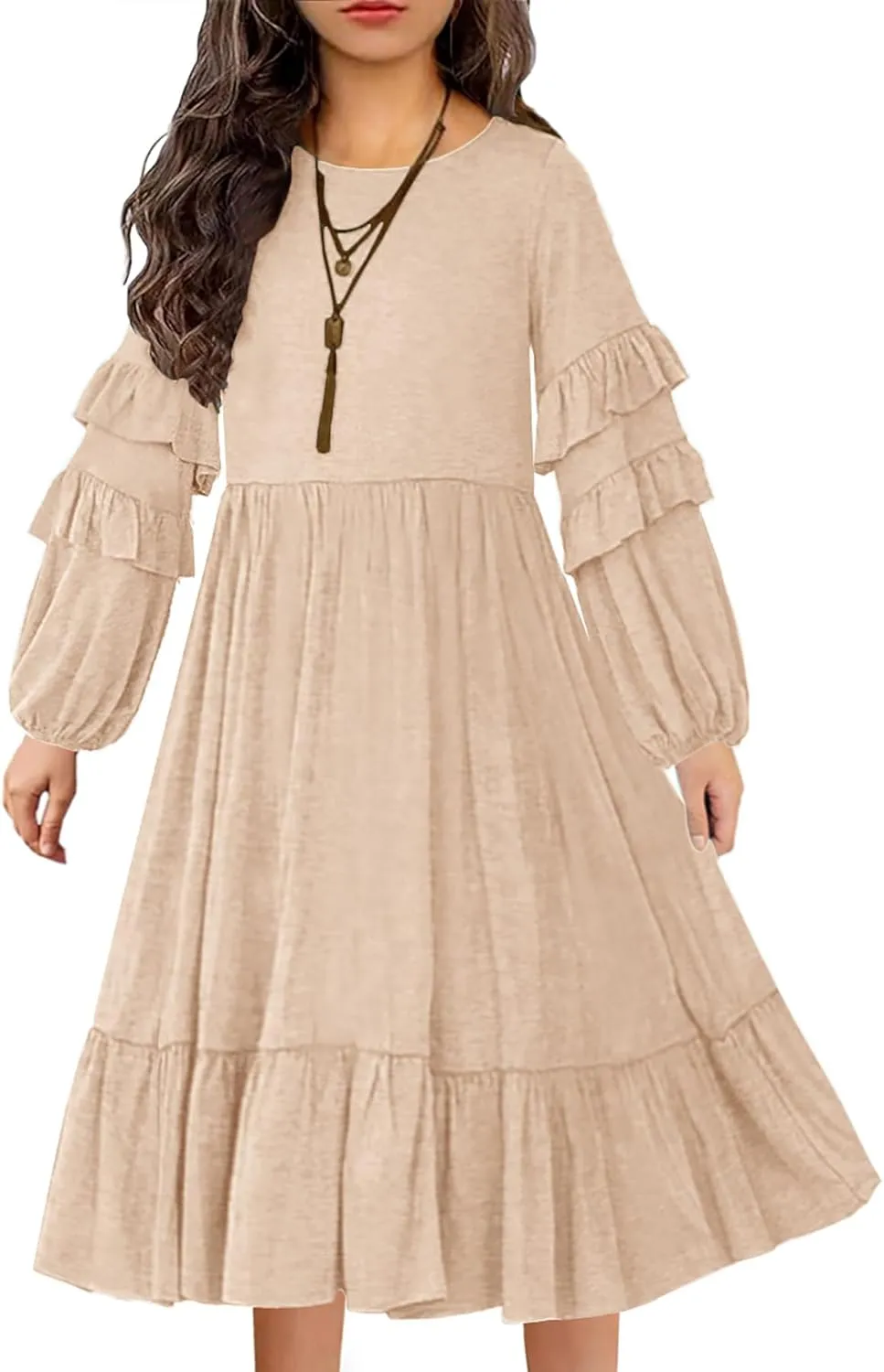 MITILLY Girls Boho Long Sleeve Dress Crewneck Ruffle Swing Casual Loose Flowy Tiered Midi Fall Winter Dress with Pockets