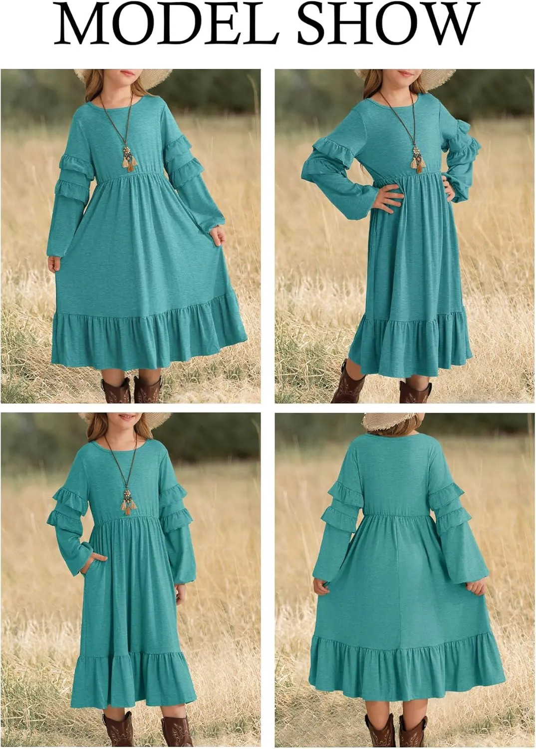 MITILLY Girls Boho Long Sleeve Dress Crewneck Ruffle Swing Casual Loose Flowy Tiered Midi Fall Winter Dress with Pockets