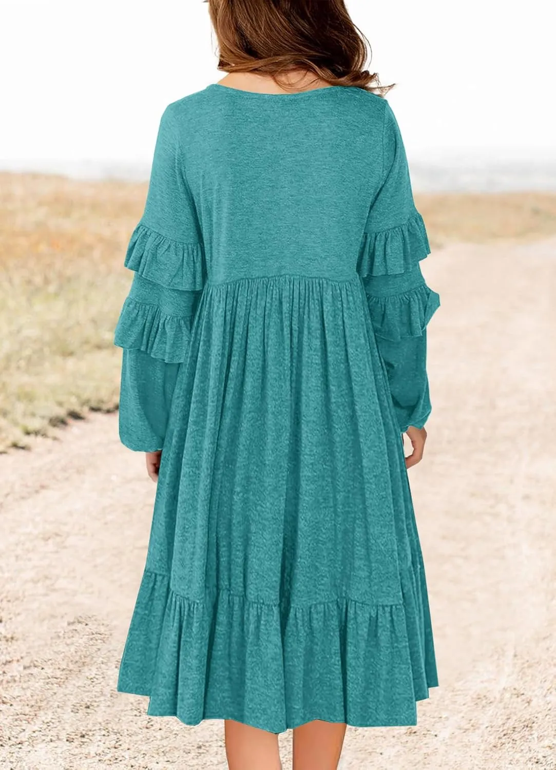 MITILLY Girls Boho Long Sleeve Dress Crewneck Ruffle Swing Casual Loose Flowy Tiered Midi Fall Winter Dress with Pockets