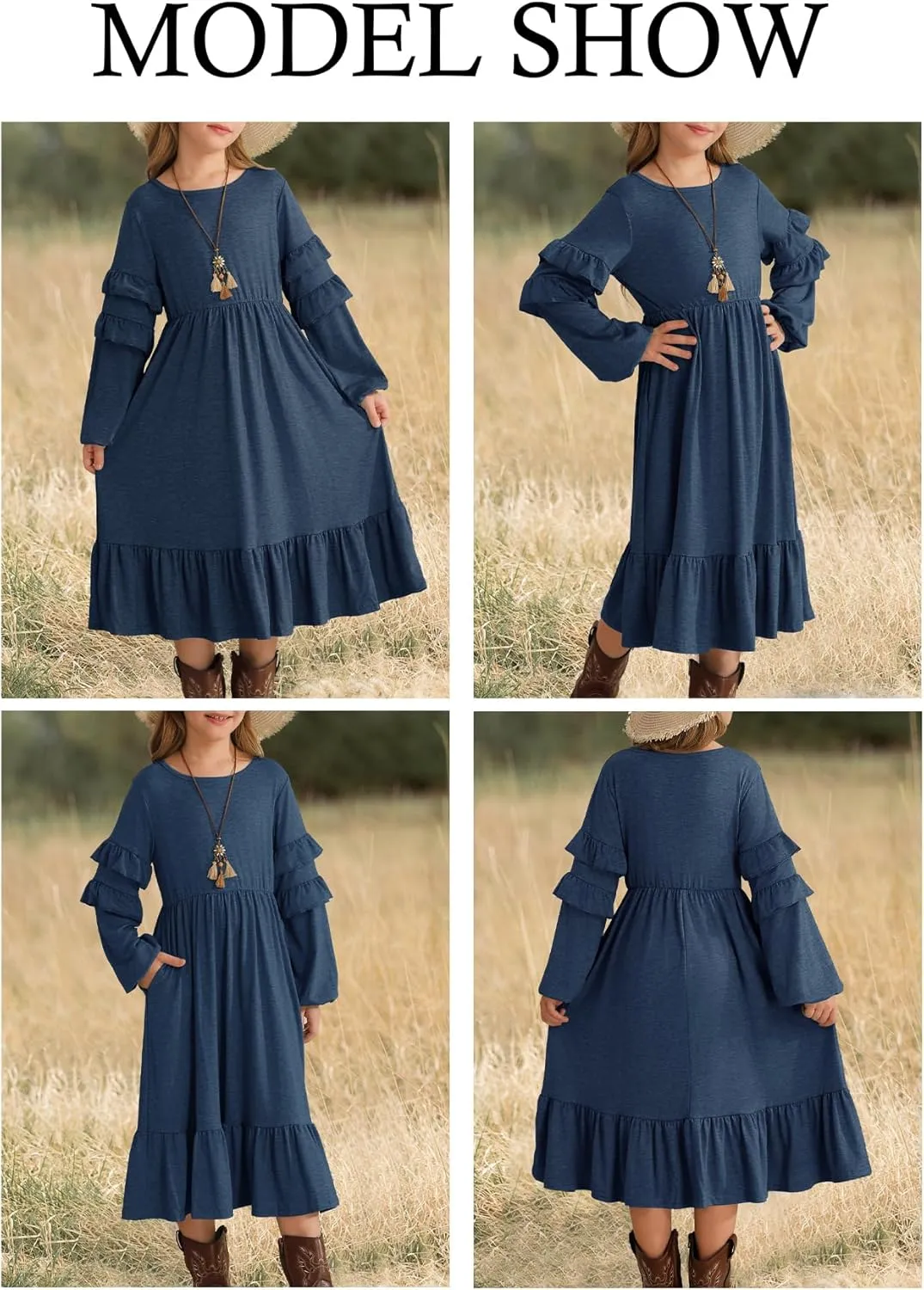 MITILLY Girls Boho Long Sleeve Dress Crewneck Ruffle Swing Casual Loose Flowy Tiered Midi Fall Winter Dress with Pockets