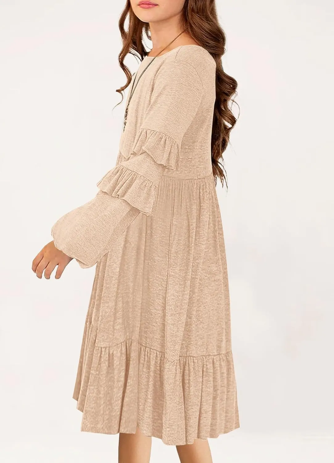 MITILLY Girls Boho Long Sleeve Dress Crewneck Ruffle Swing Casual Loose Flowy Tiered Midi Fall Winter Dress with Pockets