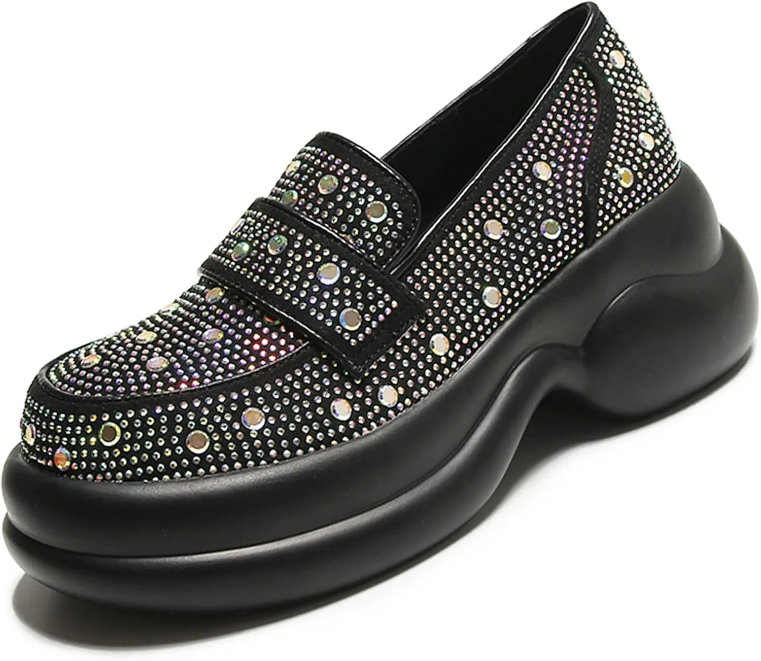 Optigard Women's Rhinestone Glitter Platform Loafers,Comfort Low Top Slip-On Shallow Mouth Bling Casual Flat Walking Sneakers Fashion Dresses Shoes