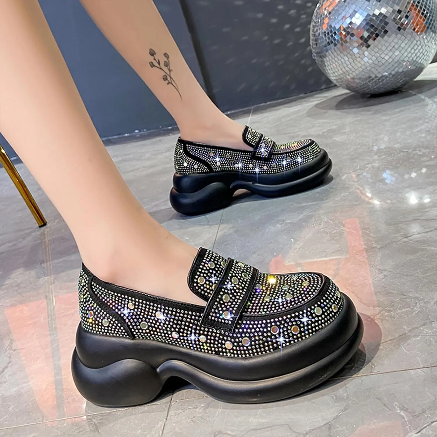 Optigard Women's Rhinestone Glitter Platform Loafers,Comfort Low Top Slip-On Shallow Mouth Bling Casual Flat Walking Sneakers Fashion Dresses Shoes
