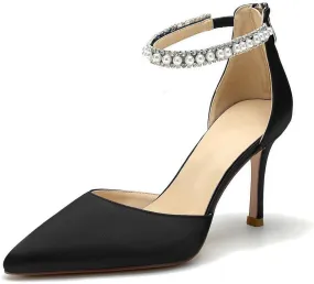 Pointed Toe Pearl Wedding Shoes for Bride White High Heels Satin Bridal Shoes Zipper Back Evening Party Dance Dresses Shoes Pumps for Women