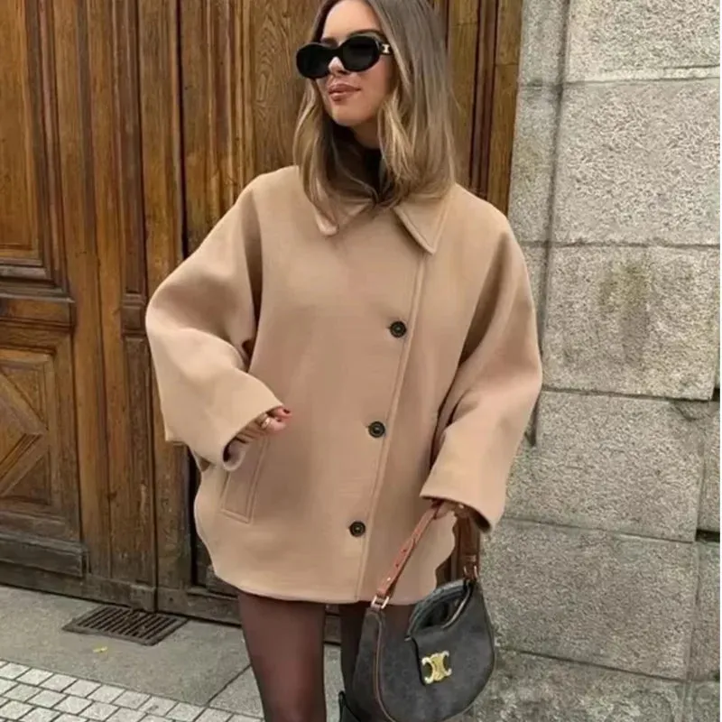TAVIMART  -  Diagonal Breasted Warm Loose Jacket Women Lapel Double Pocket Batwing Sleeve Solid Coats Winter Female Chic Vintage Outwear