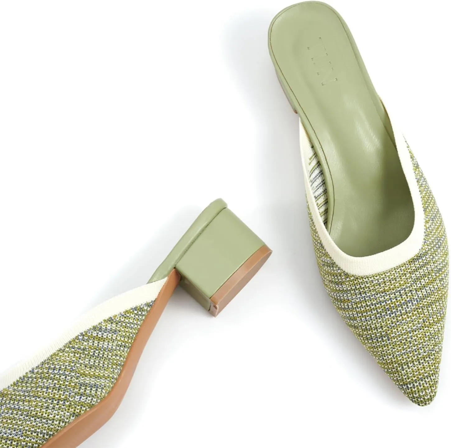 TIJN Heels,Pointed Toe Mules for Momen with Low Heel, Breathable Mesh Knit Slip On Flat Sandals,Helka
