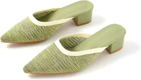 TIJN Heels,Pointed Toe Mules for Momen with Low Heel, Breathable Mesh Knit Slip On Flat Sandals,Helka