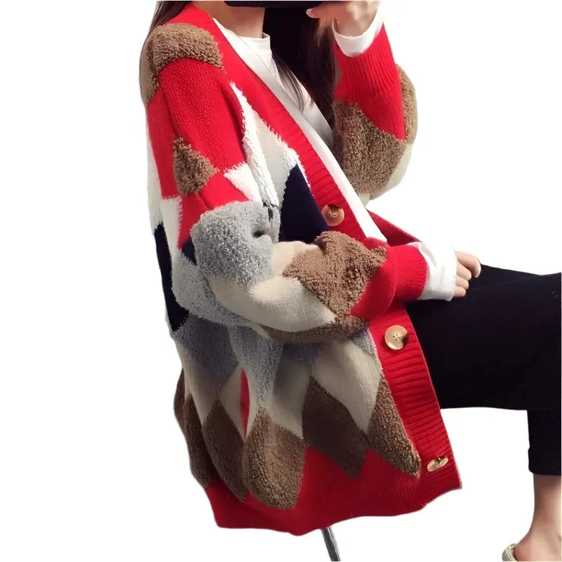 Women's Slouchy Cardigan Sweater - Loose Fit Knitted Outerwear, Medium Length, Autumn Winter Korean Style