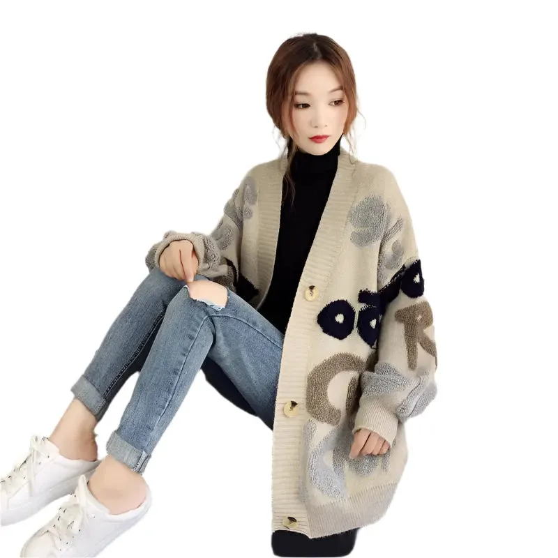 Women's Slouchy Cardigan Sweater - Loose Fit Knitted Outerwear, Medium Length, Autumn Winter Korean Style