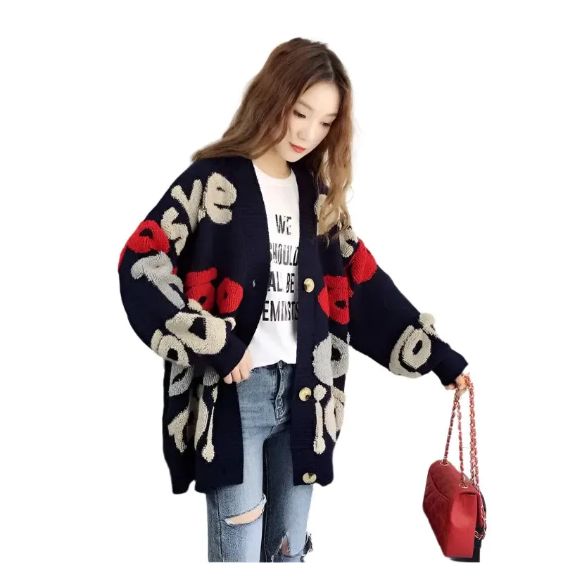 Women's Slouchy Cardigan Sweater - Loose Fit Knitted Outerwear, Medium Length, Autumn Winter Korean Style